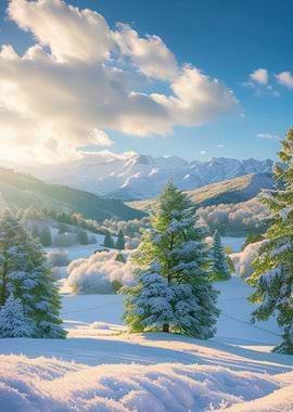 Snowy Mountain Landscape with Pine Trees