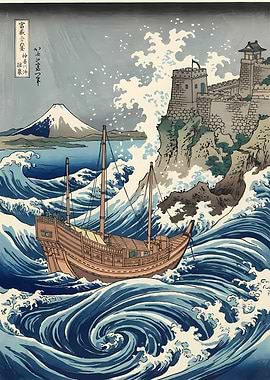 Japanese Woodblock Print: Boat and Waves