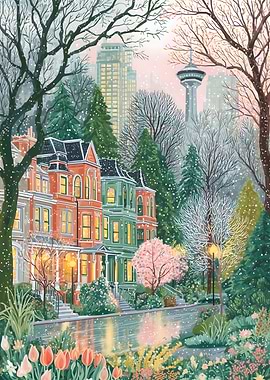 Snowy Cityscape with Colorful Houses