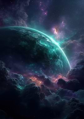 Teal Planet in Nebula Clouds