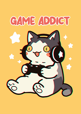 Game Addict Cat Cartoon Illustration