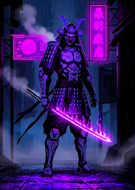 Cyberpunk Samurai in Rainy Alley