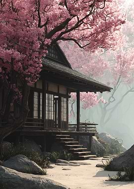 Japanese House with Cherry Blossoms