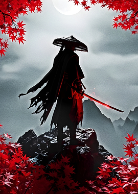Samurai with Red Sword and Maple Leaves