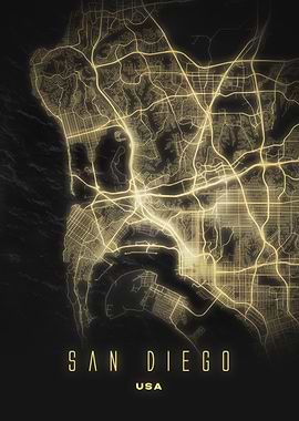 San Diego, California - Illuminated City Map Design, USA Metal Poster