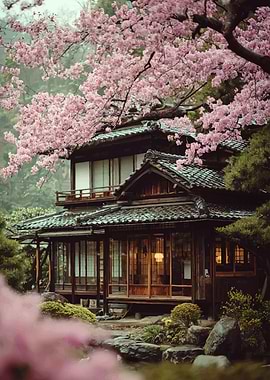 Traditional Japanese House with Cherry Blossoms