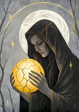 Mystic Woman Holding a Luminous Orb Under Moonlight Fantasy Art
