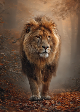 Majestic Lion in Autumn Forest