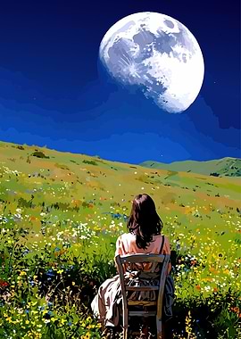 Girl on Chair Under Moonlit Sky