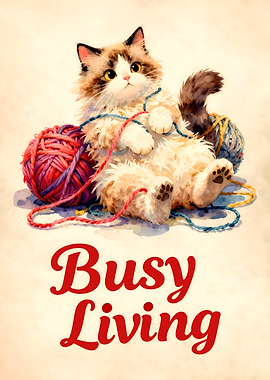 Funny Fluffy Cat with Yarn Watercolor Painting