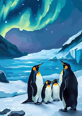 Penguins under the Northern Lights