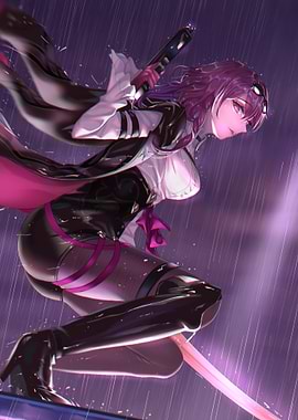 Girl with Sword in Rain