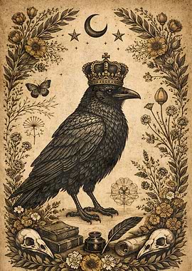 Crowned Raven with Floral Border