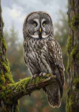 Great Grey Owl Perched on Mossy Branch