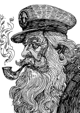 Captain with Pipe Black and White Drawing