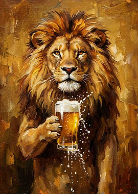 Lion with Beer Painting