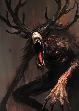 Terrifying Monster with Antlers and Open Mouth