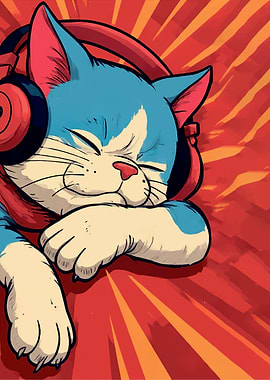 Sleeping Cat with Headphones Illustration