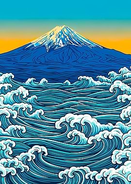 Mount Fuji and Ocean Waves