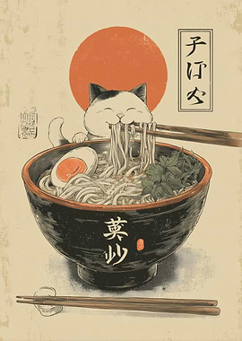 Cat Eating Ramen with Japanese Art