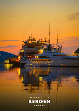 Bergen, Norway harbor at sunset