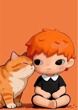 Cartoon Boy with Cat on Orange Background