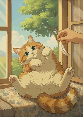 Playful Cat with Feather by Window