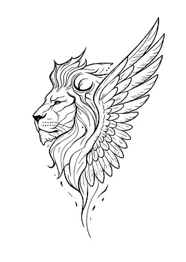 Winged Lion Head Black and White