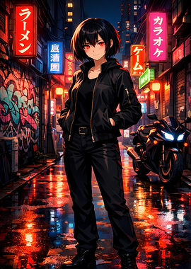 Anime Girl in Cyberpunk Cityscape