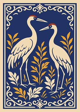 Elegant Cranes with Floral Border