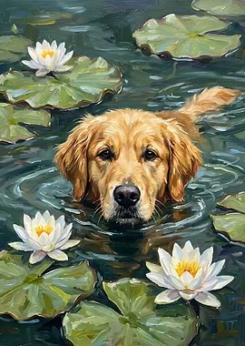Golden Retriever Swimming Among Lily Pads Painting