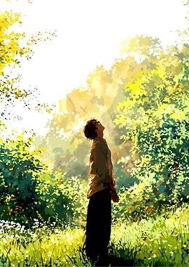 Person Gazing Upwards in Forest Illustration