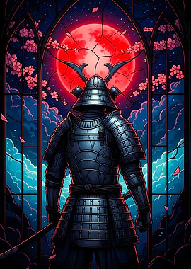 Samurai Warrior with Red Moon Backdrop