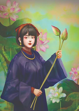 Vietnamese Girl with Lotus Flowers