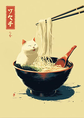 Cat in Ramen Bowl Illustration