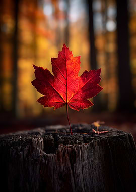 Autumn Maple Leaf on Tree Stump