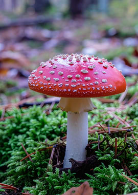 Amanita Mushroom in Mossy Forest