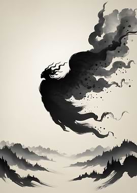 Ink Wash Painting: Winged Figure
