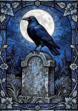 Raven on Tombstone with Full Moon