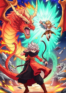 Anime Battle Scene with Dragon and Warriors