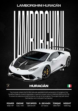 Lamborghini Huracan White Car Poster