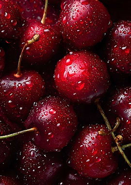 Fresh Red Cherries with Water Droplets