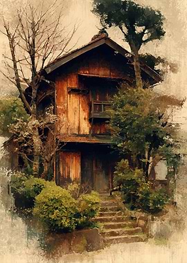 Japanese House Watercolor Painting