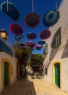 Umbrella Street in Sidi Bou Said, Tunisia