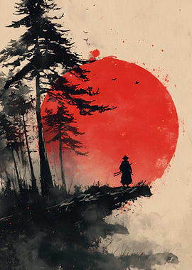 Samurai Silhouette with Red Sun and Trees