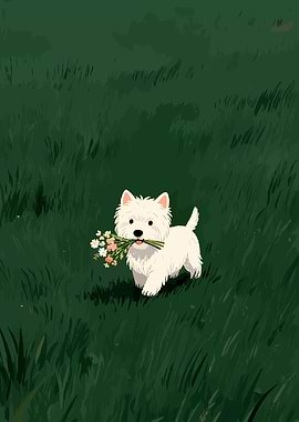 Dog with Flowers in Green Field