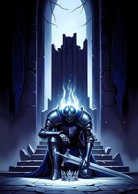 Knight kneeling with sword and crown