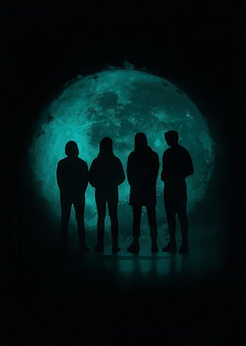 Silhouetted Figures Under a Glowing Moon