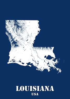 Louisiana USA State Minimalist White Topographic Contour Relief Map featuring terrain on navy blue background