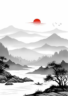 Asian Landscape with Mountains